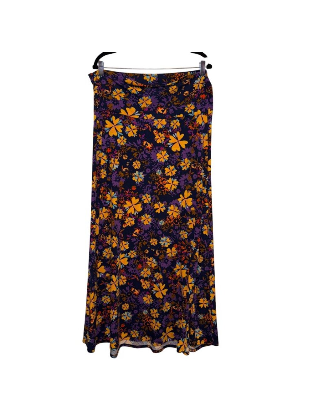 LuLaRoe Maxi Skirt 2XL Navy Yellow Purple Floral Print Stretchy Fabric